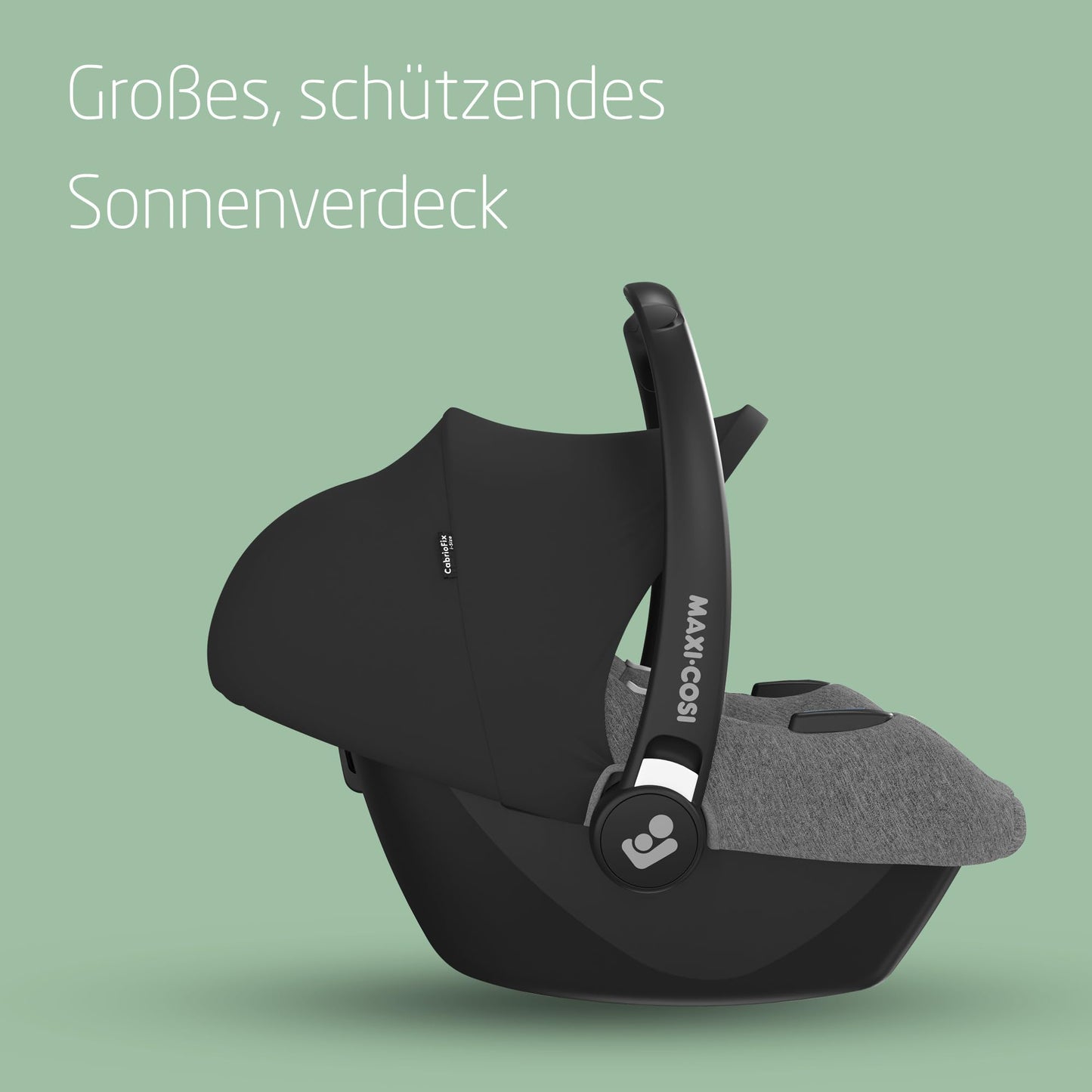Maxi-Cosi CabrioFix i-Size, Babyschale, 0–12 Monate, max. 12 kg, leichter i-Size Kindersitz (3,2 kg), Sonnenverdeck, gepolsterter Sitz, für viele Maxi-Cosi Kinderwagen, Essential Black