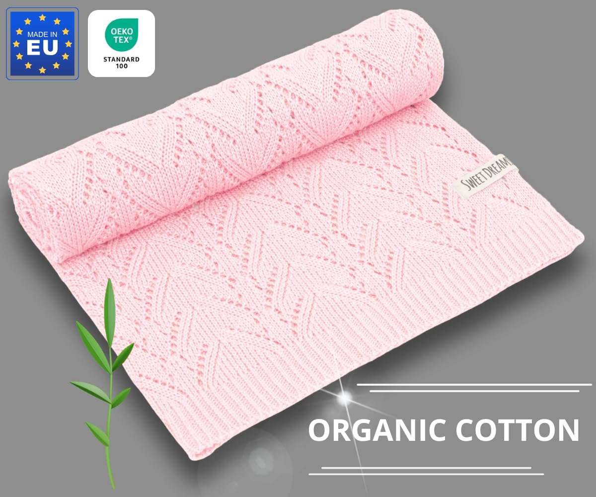 Mikos* 100% Bio-Baumwoll Leichte Babydecke - Ajourmuster - Perfekt für Sommer & Frühling - Strickdecke für Babys, Kinder und Neugeborene Hypoallergen 80x100cm (28) (Hellrosa)