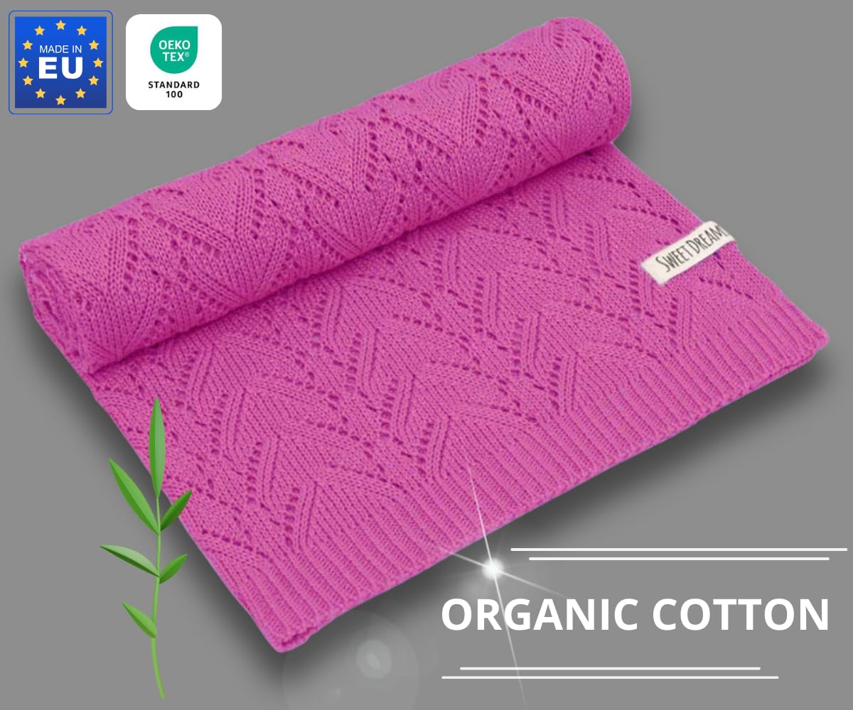 Mikos* 100% Bio-Baumwoll Leichte Babydecke - Ajourmuster - Perfekt für Sommer & Frühling - Strickdecke für Babys, Kinder und Neugeborene Hypoallergen 80x100cm (28) (Hellrosa)