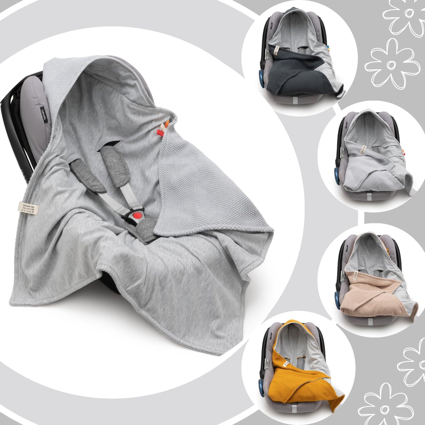 Mikos® Swaddling Blanket Baby Seat Autumn Winter GOTS Certified 100% Organic Cotton Knitted Blanket Cotton Blanket for Car Seat for Pushchairs e.g. Maxi Cosi 3 Point Belt (Grey)