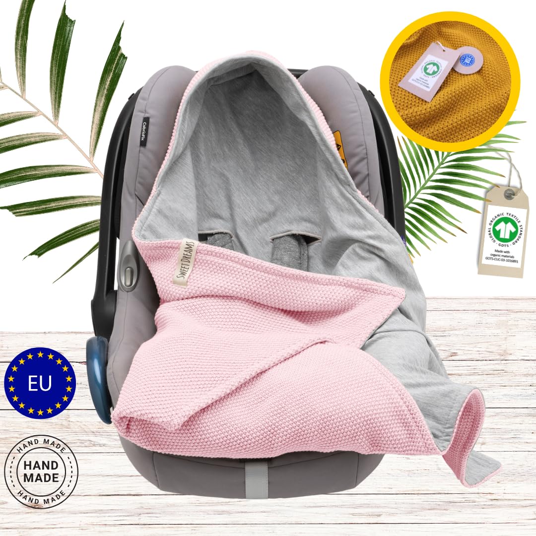 Mikos® Swaddling Blanket Baby Seat Autumn Winter GOTS Certified 100% Organic Cotton Knitted Blanket Cotton Blanket for Car Seat for Pushchairs e.g. Maxi Cosi 3 Point Belt (Grey)