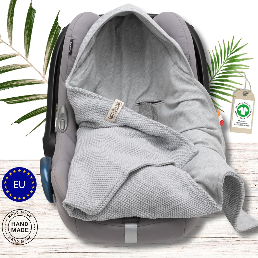 Mikos® Swaddling Blanket Baby Seat Autumn Winter GOTS Certified 100% Organic Cotton Knitted Blanket Cotton Blanket for Car Seat for Pushchairs e.g. Maxi Cosi 3 Point Belt (Grey)