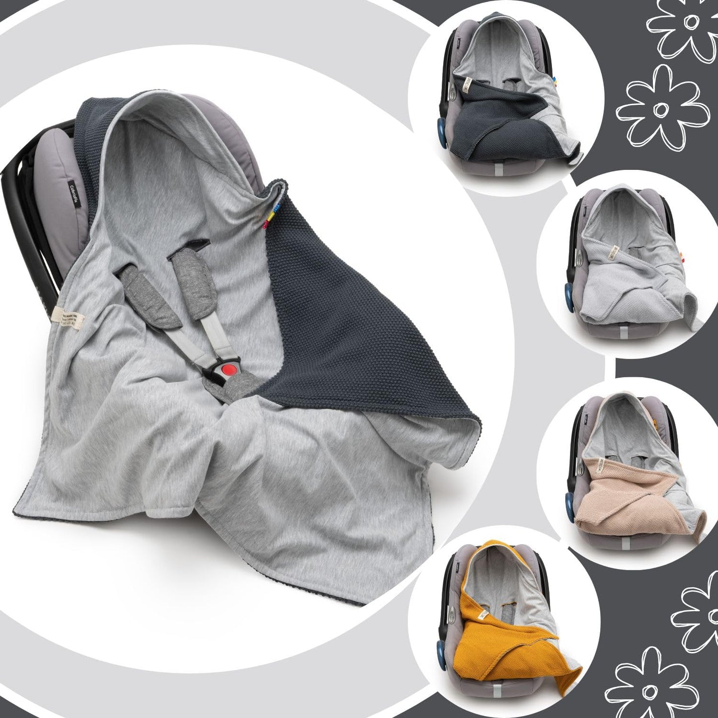 Mikos® Swaddling Blanket Baby Seat Autumn Winter GOTS Certified 100% Organic Cotton Knitted Blanket Cotton Blanket for Car Seat for Pushchairs e.g. Maxi Cosi 3 Point Belt (Grey)