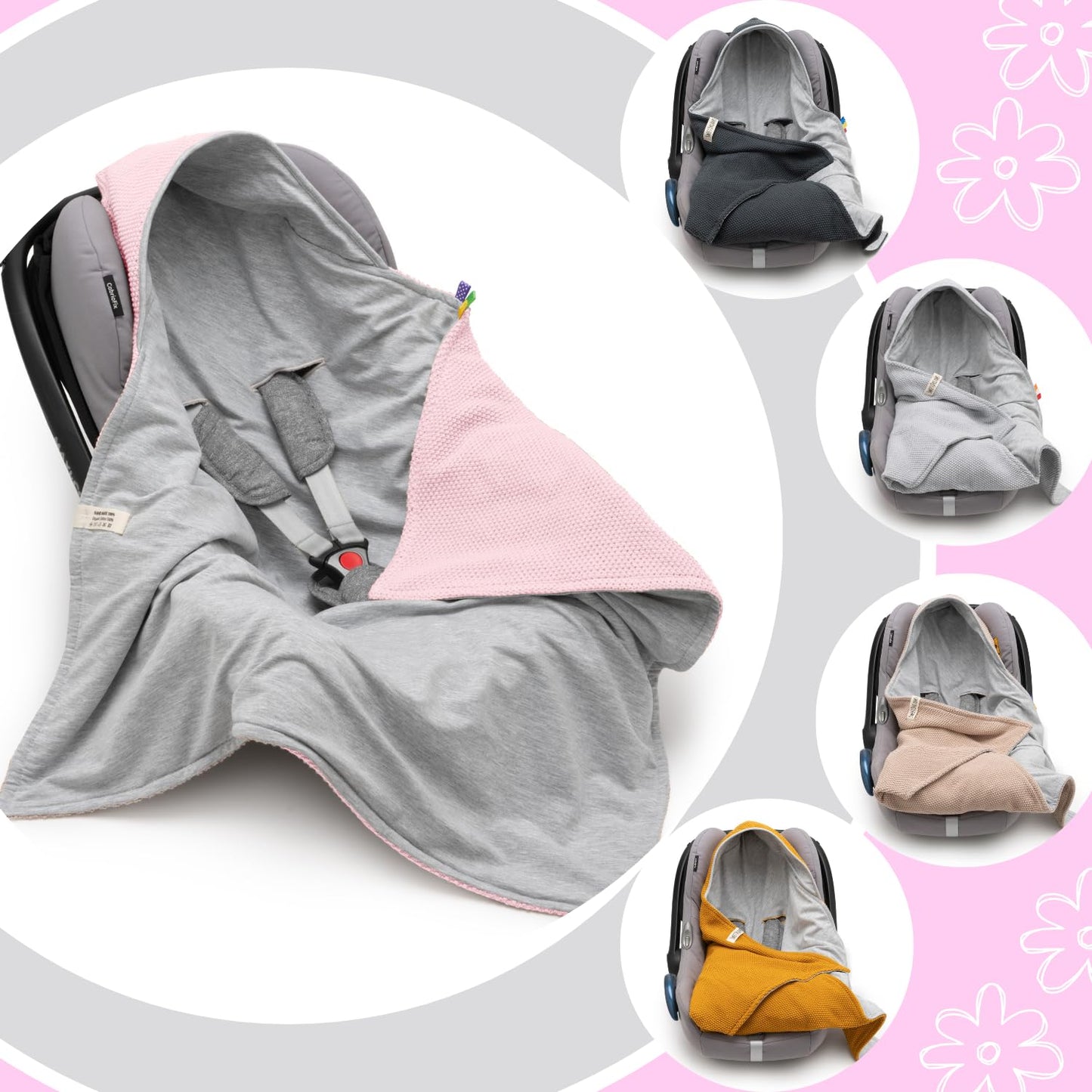 Mikos® Swaddling Blanket Baby Seat Autumn Winter GOTS Certified 100% Organic Cotton Knitted Blanket Cotton Blanket for Car Seat for Pushchairs e.g. Maxi Cosi 3 Point Belt (Grey)