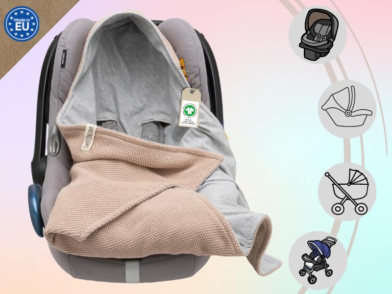 Mikos® Swaddling Blanket Baby Seat Autumn Winter GOTS Certified 100% Organic Cotton Knitted Blanket Cotton Blanket for Car Seat for Pushchairs e.g. Maxi Cosi 3 Point Belt (Grey)