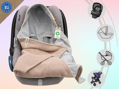 Mikos® Swaddling Blanket Baby Seat Autumn Winter GOTS Certified 100% Organic Cotton Knitted Blanket Cotton Blanket for Car Seat for Pushchairs e.g. Maxi Cosi 3 Point Belt (Grey)