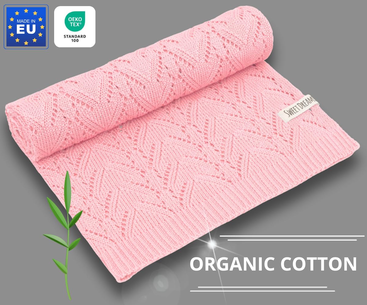 Mikos* 100% Bio-Baumwoll Leichte Babydecke - Ajourmuster - Perfekt für Sommer & Frühling - Strickdecke für Babys, Kinder und Neugeborene Hypoallergen 80x100cm (28) (Hellrosa)