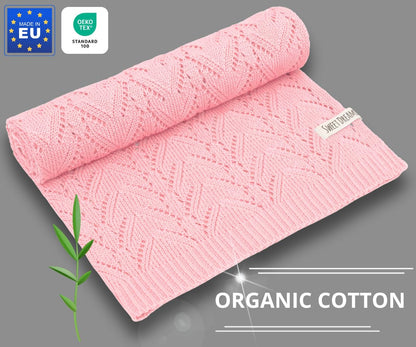 Mikos* 100% Bio-Baumwoll Leichte Babydecke - Ajourmuster - Perfekt für Sommer & Frühling - Strickdecke für Babys, Kinder und Neugeborene Hypoallergen 80x100cm (28) (Hellrosa)