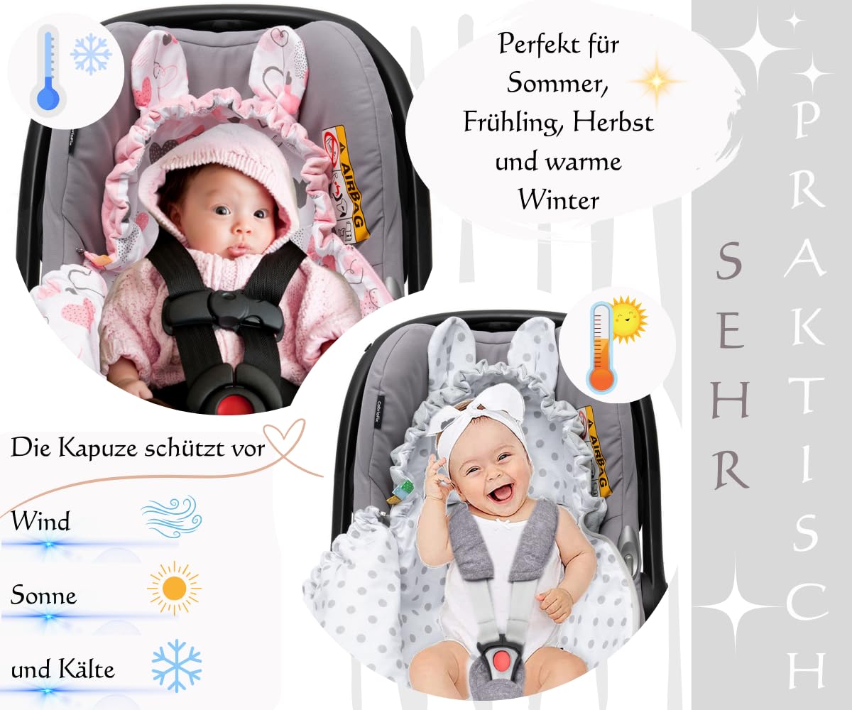 Mikos Swaddling Blanket Baby Seat Autumn Winter with Hood for Newborns for Child Seat Pram Car Seat e.g. for Maxi-Cosi, 3-Point Harness, Swaddling Bag for Babies, Child Car Seat (51