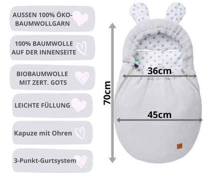 Mikos Einschlagdecke Babyschale Herbst Winter, Baby Fußsack mit Zip 100% Baumwolle GOTS Zert. Strickdecke mit Füllung Universal für Kinderwagen Buggys Frühling Maxi Cosi 3 Punkt Gurt (50) (Rosa)