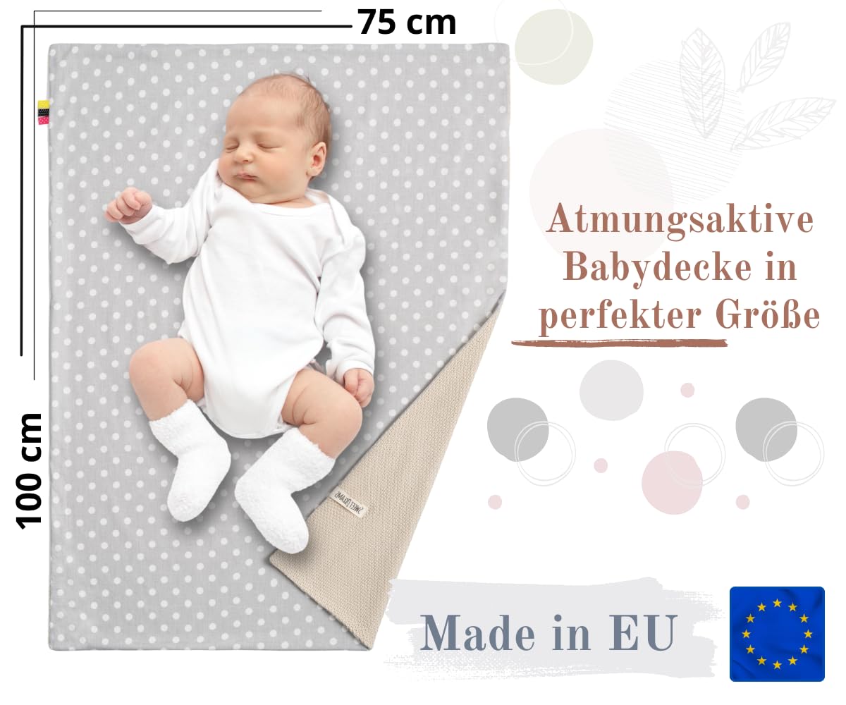 Mikos* Babydecke Leichte Sommer Baumwolle Kinderdecke ohne Füllung 100% Baumwolldecke für Mädchen Junge Neugeborenen Kinderwagen Babyschale Kuscheldecke 75x100 (1040)(Beige/Weiße Erbsen)