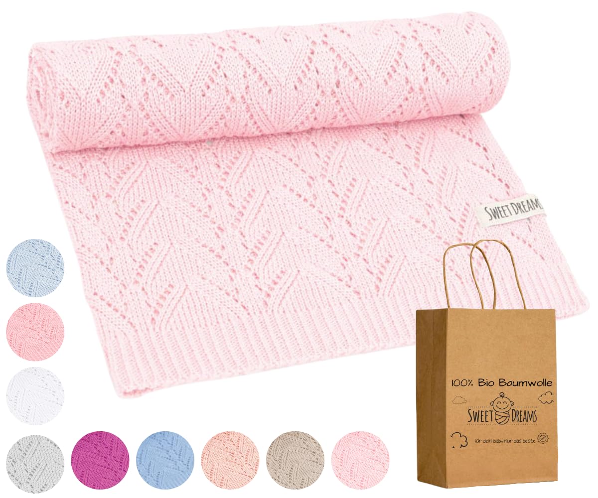 Mikos* 100% Bio-Baumwoll Leichte Babydecke - Ajourmuster - Perfekt für Sommer & Frühling - Strickdecke für Babys, Kinder und Neugeborene Hypoallergen 80x100cm (28) (Hellrosa)