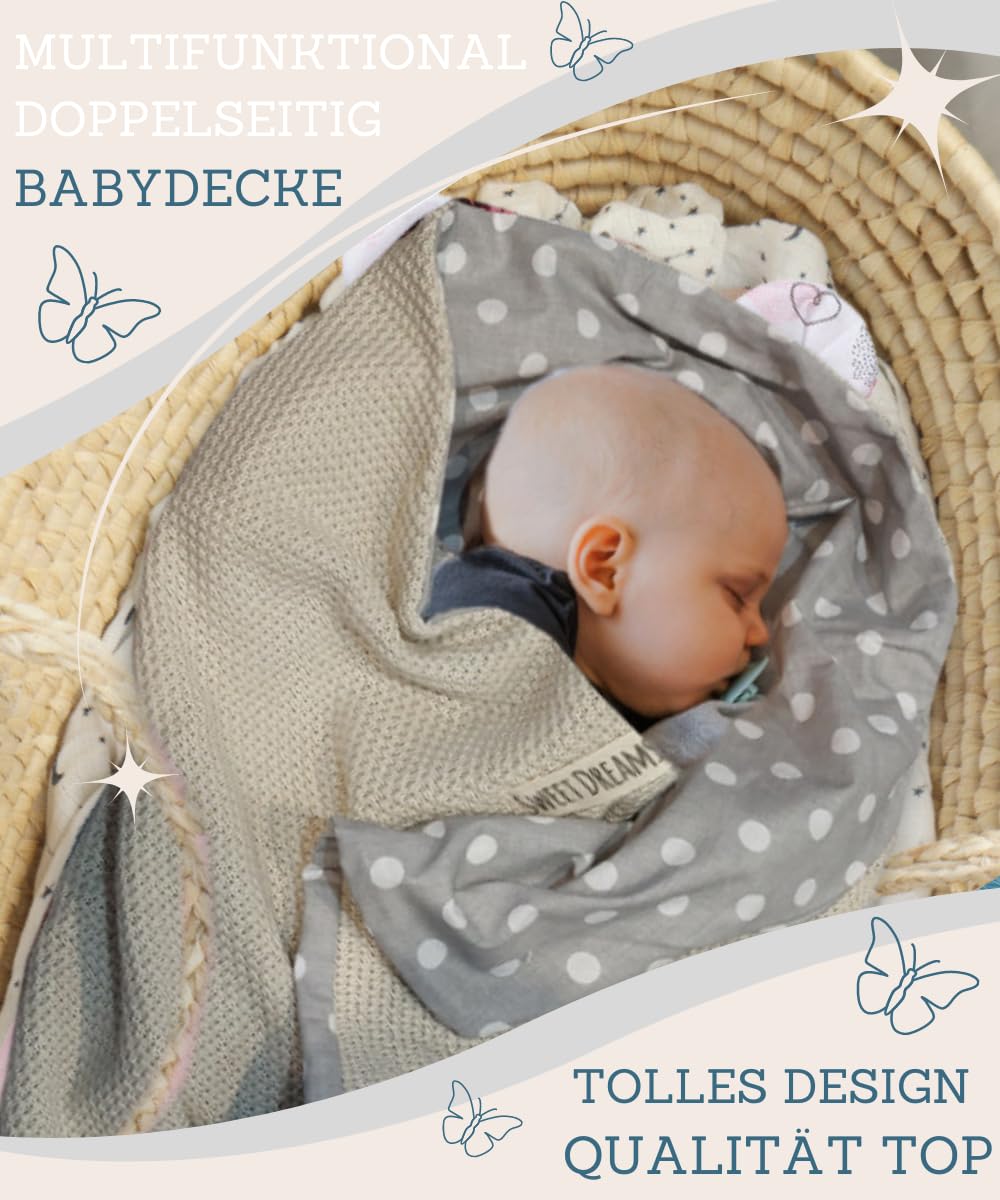 Mikos* Babydecke Leichte Sommer Baumwolle Kinderdecke ohne Füllung 100% Baumwolldecke für Mädchen Junge Neugeborenen Kinderwagen Babyschale Kuscheldecke 75x100 (1040)(Beige/Weiße Erbsen)