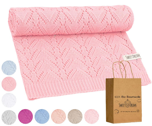Mikos* 100% Bio-Baumwoll Leichte Babydecke - Ajourmuster - Perfekt für Sommer & Frühling - Strickdecke für Babys, Kinder und Neugeborene Hypoallergen 80x100cm (28) (Hellrosa)