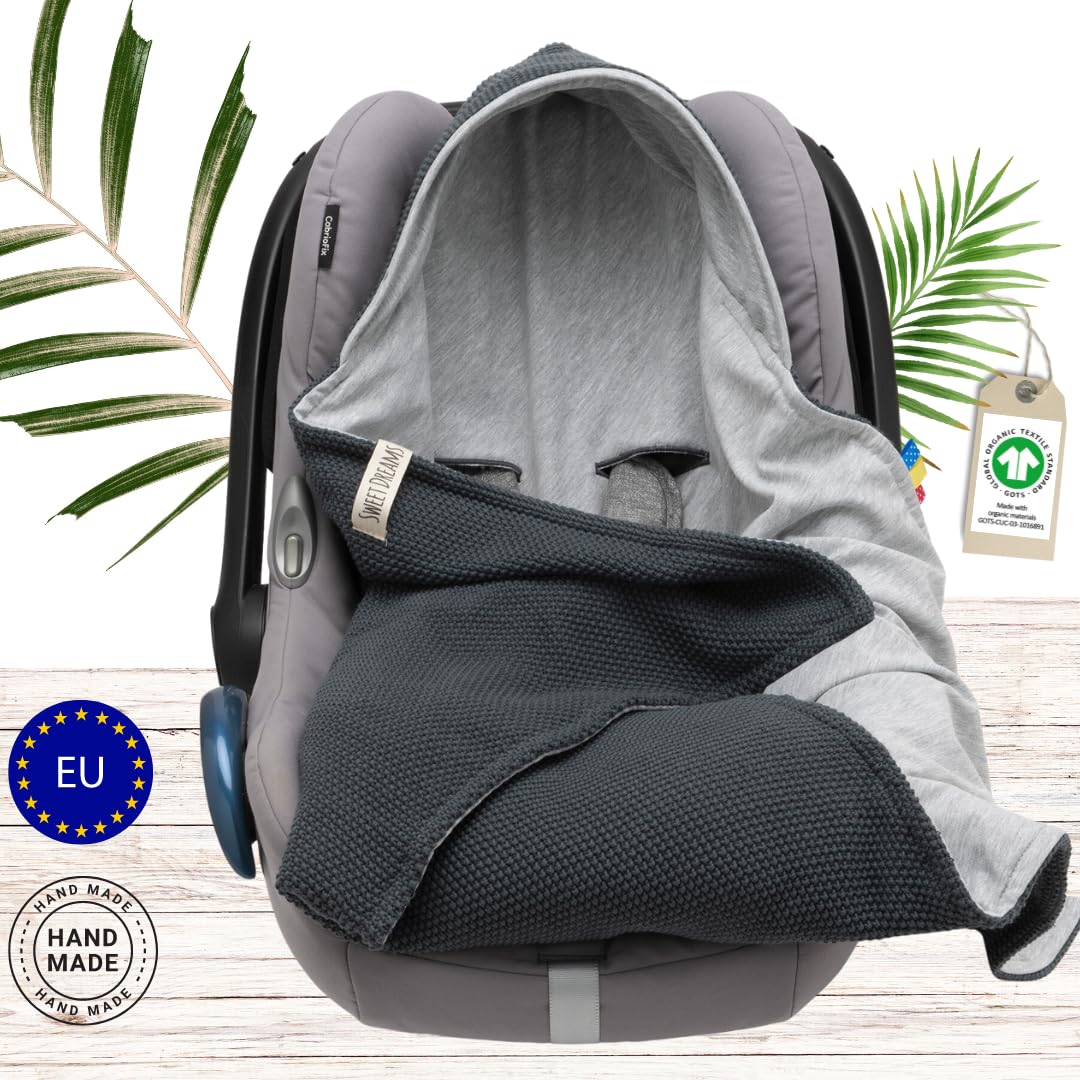 Mikos® Swaddling Blanket Baby Seat Autumn Winter GOTS Certified 100% Organic Cotton Knitted Blanket Cotton Blanket for Car Seat for Pushchairs e.g. Maxi Cosi 3 Point Belt (Grey)