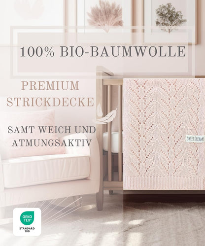 Mikos* 100% Bio-Baumwoll Leichte Babydecke - Ajourmuster - Perfekt für Sommer & Frühling - Strickdecke für Babys, Kinder und Neugeborene Hypoallergen 80x100cm (28) (Hellrosa)