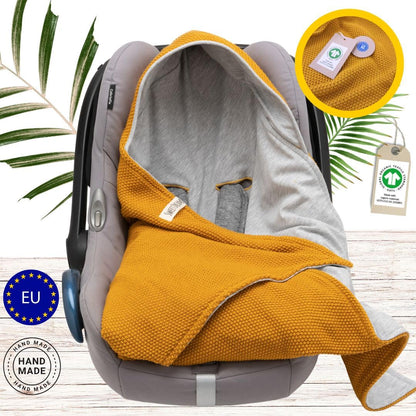 Mikos® Swaddling Blanket Baby Seat Autumn Winter GOTS Certified 100% Organic Cotton Knitted Blanket Cotton Blanket for Car Seat for Pushchairs e.g. Maxi Cosi 3 Point Belt (Grey)