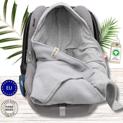 Mikos® Swaddling Blanket Baby Seat Autumn Winter GOTS Certified 100% Organic Cotton Knitted Blanket Cotton Blanket for Car Seat for Pushchairs e.g. Maxi Cosi 3 Point Belt (Grey)