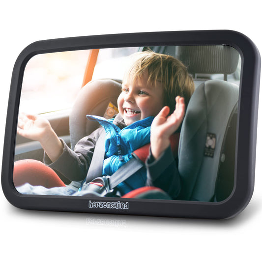 HerzensKind XXL Autospiegel für Babys im Rücksitz. 25% größer für perfekte Übersicht. Rücksitzspiegel mit mattem Finish ohne Einzelteile