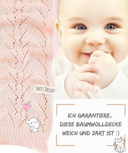 Mikos* 100% Bio-Baumwoll Leichte Babydecke - Ajourmuster - Perfekt für Sommer & Frühling - Strickdecke für Babys, Kinder und Neugeborene Hypoallergen 80x100cm (28) (Hellrosa)