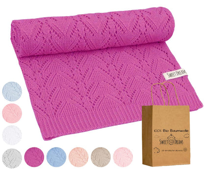 Mikos* 100% Bio-Baumwoll Leichte Babydecke - Ajourmuster - Perfekt für Sommer & Frühling - Strickdecke für Babys, Kinder und Neugeborene Hypoallergen 80x100cm (28) (Hellrosa)