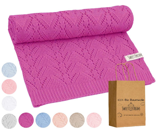 Mikos* 100% Bio-Baumwoll Leichte Babydecke - Ajourmuster - Perfekt für Sommer & Frühling - Strickdecke für Babys, Kinder und Neugeborene Hypoallergen 80x100cm (28) (Hellrosa)