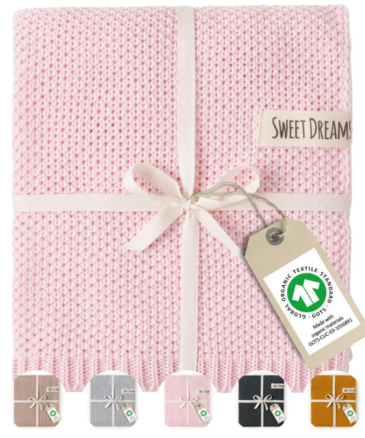 Mikos Babydecke GOTS zert. 100% Bio Baumwolle Strickdecke Baumwolldecke Warme Decke Kuscheldecke Mädchen, Jungen Baby Erstausstattung Für Neugeborene (1044) (Rosa)