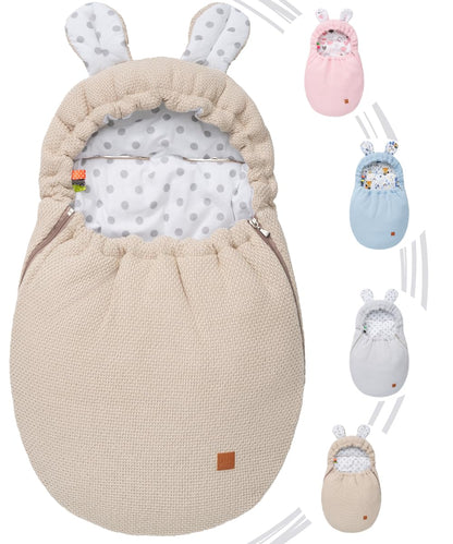 Mikos Einschlagdecke Babyschale Herbst Winter, Baby Fußsack mit Zip 100% Baumwolle GOTS Zert. Strickdecke mit Füllung Universal für Kinderwagen Buggys Frühling Maxi Cosi 3 Punkt Gurt (50) (Rosa)