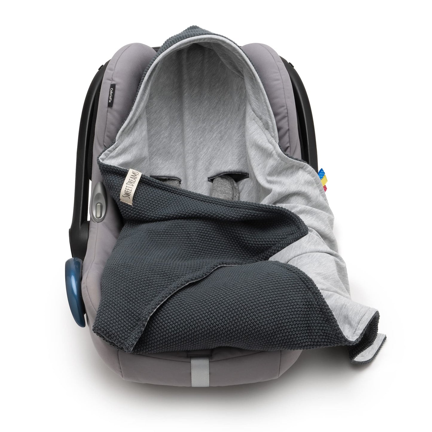 Mikos® Swaddling Blanket Baby Seat Autumn Winter GOTS Certified 100% Organic Cotton Knitted Blanket Cotton Blanket for Car Seat for Pushchairs e.g. Maxi Cosi 3 Point Belt (Grey)