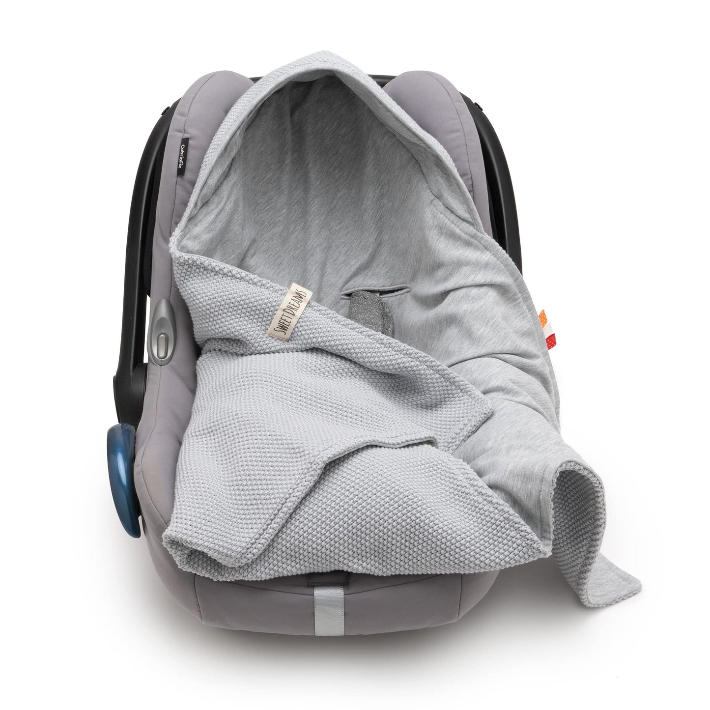 Mikos® Swaddling Blanket Baby Seat Autumn Winter GOTS Certified 100% Organic Cotton Knitted Blanket Cotton Blanket for Car Seat for Pushchairs e.g. Maxi Cosi 3 Point Belt (Grey)