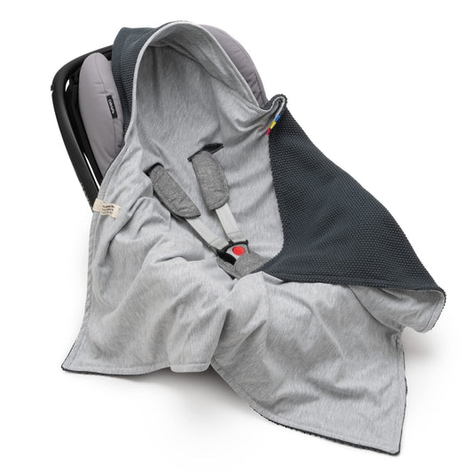 Mikos® Swaddling Blanket Baby Seat Autumn Winter GOTS Certified 100% Organic Cotton Knitted Blanket Cotton Blanket for Car Seat for Pushchairs e.g. Maxi Cosi 3 Point Belt (Grey)