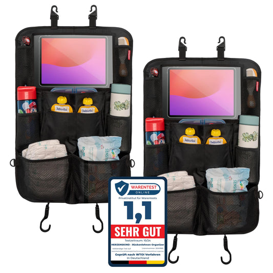 HerzensKind Rückenlehnenschutz und Organizer. Auto Organizer mit extra großem 13" Tabletfach und 9 Taschen. Sitzschoner mit Tablethalter für Autofahrten mit Kindern.(1 Stück)