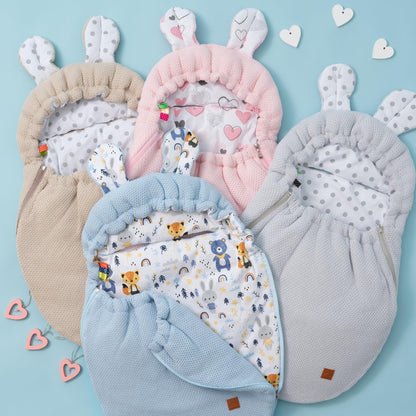 Mikos Einschlagdecke Babyschale Herbst Winter, Baby Fußsack mit Zip 100% Baumwolle GOTS Zert. Strickdecke mit Füllung Universal für Kinderwagen Buggys Frühling Maxi Cosi 3 Punkt Gurt (50) (Rosa)